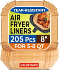 Air Fryer Paper Liners, 205 PCS Non-Stick Disposable Air Fryer Liners, 8-Inch Square Parchment Paper for 5-8 QT Basket, Water-Proof & Oil-Proof Airfryer Liners for Baking, Roasting, Microwave, Oven