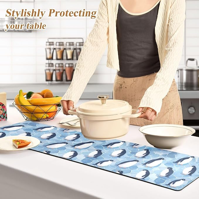 2-in-1 Table Runner Trivet for Hot Dishes Heat Resistant Hot Plate Mat Pad 39x12 Inch Waterproof Table Protector Trivets for Countertop Non Slip Decorative Blue Polar Penguin and Ice Blocks
