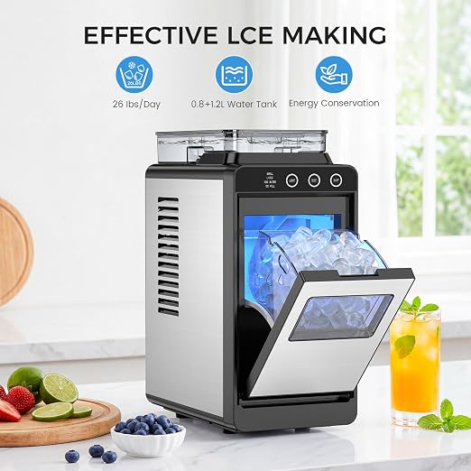 COWSAR Ice Maker Countertop, Portable Ice Machine with External Water Tank, 8 Cubes in 6 Mins, 26 lbs/24Hrs, Self-Cleaning Quiet Compact Commercial Ice Makers for Home, RV, Camping， Black and Silver