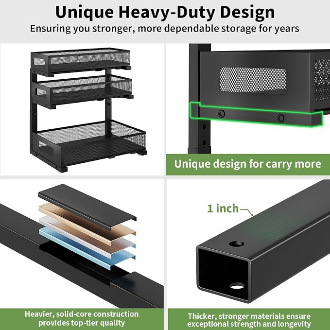 3-Tier Under Sink Organizer,2 Pack Height Adjustable Pull Out Cabinet Organizer Shelf, Thickened Metal Slide out Storage Drawer Rack for Bathroom Laundry Room Kitchen Pantry Organization (Black)