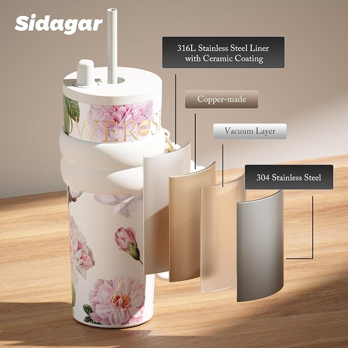 24 oz Stainless Steel Tumbler with Lid and Straw, Insulated Coffee Mug, Leak Proof, Portable Iced Travel Water Bottle, Reusable Thermal Coffee Cup, Floral White