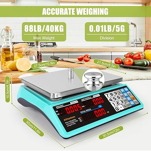 88lb Commercial Food Scale Lb/Kg/Oz Conversion, Price Computing Scale with Dual Display, Rechargeable, Waterproof Reversible Platter, Counting for Farmers Market, Meat Shop, Retail Store, Home Kitchen