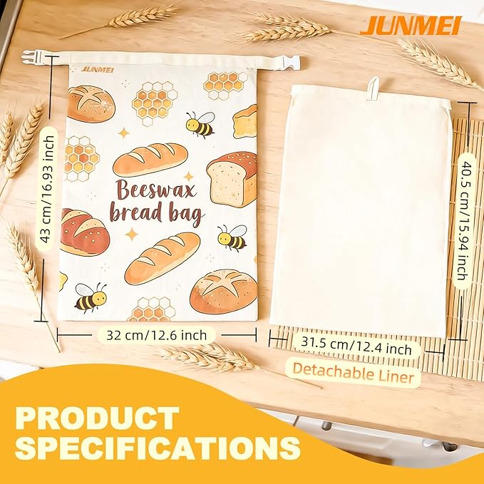 2 Pack Natural Beeswax Food Wraps, Reusable Organic Cotton Bread Bags with Honeycomb Texture, Plastic Free Storage for Sourdough, Freezer Safe, 12.6x17 Inches | Longer freshness, Food-safe contact, Self-sealing design, Plastic-free, Easy to clean, Brea...