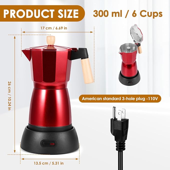 Moka Pot Electric Espresso Coffe Maker, 300ml 6 Cups Portable Coffee Pot with Overheat Protection and Detachable Base, Electric Espresso Maker, 450W, Red
