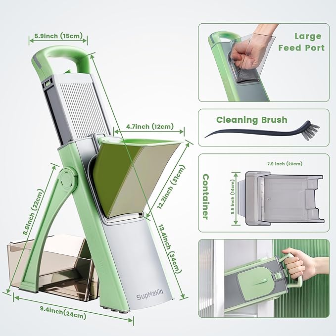 Upgrade Safe Mandoline Slicer for Kitchen, SupMaKin Bigger Entrance Vegetable Food Slice Potato Slicer Chopper, Adjustable Thickness Multi Mandolin, Julienne + Dicer Kitchen Must Haves Green