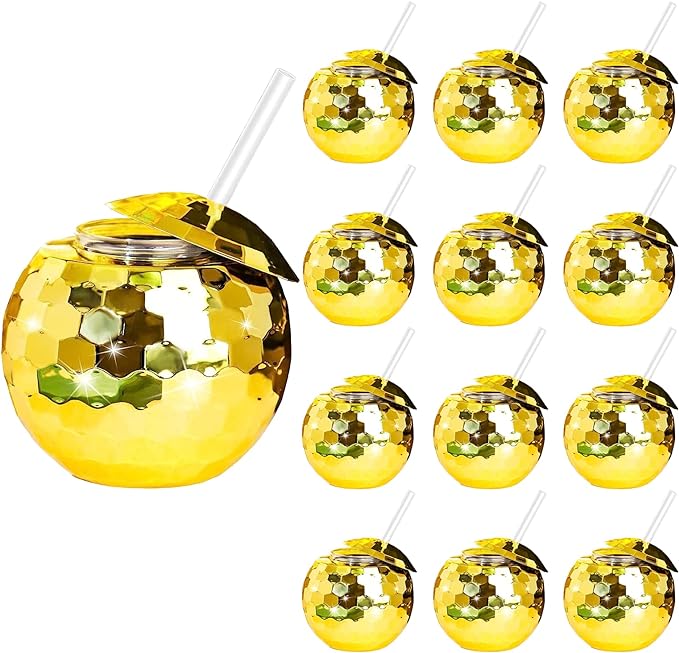 Disco Ball Cups, 20OZ Disco Party Cups with Lid and Reusable Straw Flash Ball Cocktail Cup for Party Nightclub Bar Supplies Wine Drinking Syrup Tea Bottle (12, Golden)