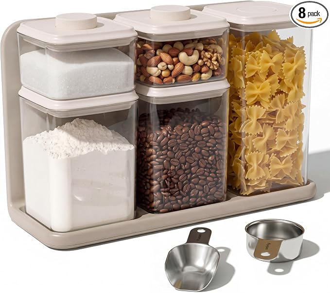 SMIRLY 8-Pcs Airtight Food Storage Containers Set with Countertop Organizer,One-Press Air Tight Pantry Storage Containers, BPA-Free ABS,Stainless Steel Spoon & Scoop for Cereal, Flour (cream white)