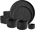 Ceramic Dinnerware set for 4 Matte Black, 16 pcs, Dish set for 4 | Kitchen Plates and Bowls Set Porcelain, Rock-Textured Dishware Sets Stoneware Dinner Plates Sets Platos de Cocina Vajilla