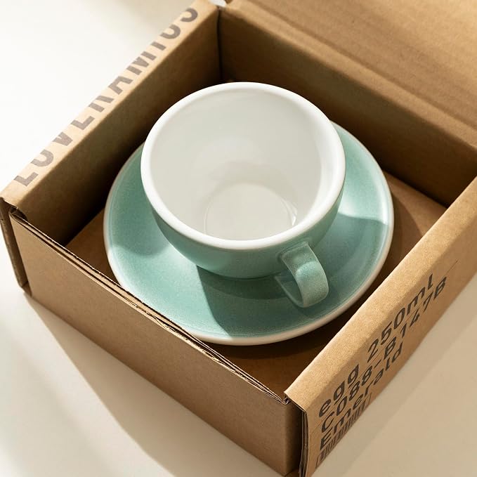 Loveramics Matt Cappuccino Cup, 8 oz Ceramic Latte Art Mug with Saucer, Thick-walled stoneware cup Set, Barista Latte Cup Set for Latte, Cappuccino, Tea - Mineral Colors (Emerald, 8OZ)