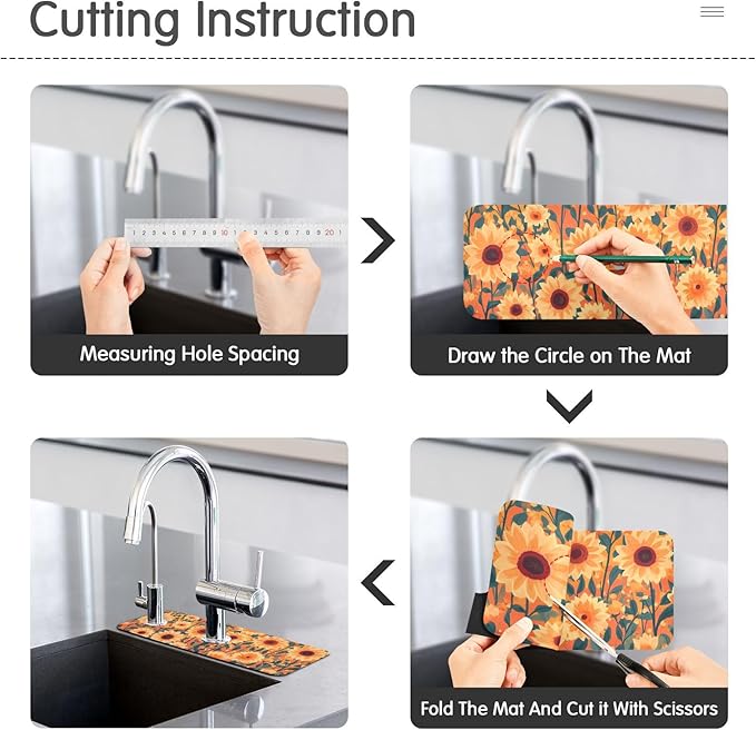 Kitchen Sink Splash Guard 2 PCS 14.7 Inch Sink Faucet Mat Splash Guard for Bathroom Countertop Water Absorbent Foldable Cuttable Soft Washable Orange Sunflowers and Poppy Flowers