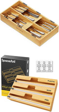 SpaceAid Bamboo Silverware Drawer Organizer (Natural, 6 Slots) 3 in 1 Wrap Organizer with Cutter and Labels