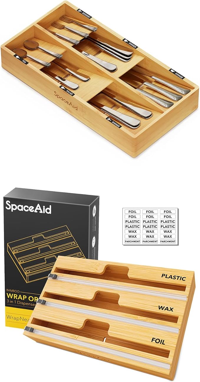 SpaceAid Bamboo Silverware Drawer Organizer (Natural, 6 Slots) 3 in 1 Wrap Organizer with Cutter and Labels