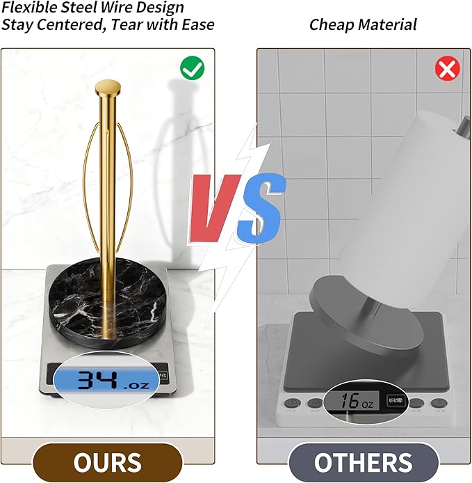 YIGII Heavy Marble Base Paper Towel Holder Countertop - Standing Paper Towel Roll Holder with Black Weighted Base, Gold Papertowel Holder for Kitchen