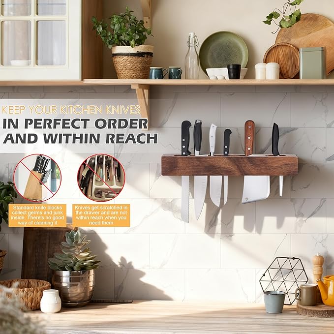 16 Inch Magnetic Knife Holder for Wall Wooden Magnetic Knife Strip Under Cabinet Magnet Knives Storage Kitchen Knife Rack kitchen Magnetic Utensil holder for Kitchen Utensils & Tools, Walnut