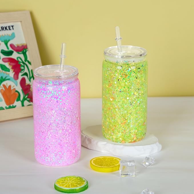 16 oz Plastic Snow Globe Tumbler, 16 Pack Double Wall Snowglobe Tumbler with Pre Drilled Hole, Plastic Mason Jar Cups Can for Snow Globe Glitter DIY (Clear)