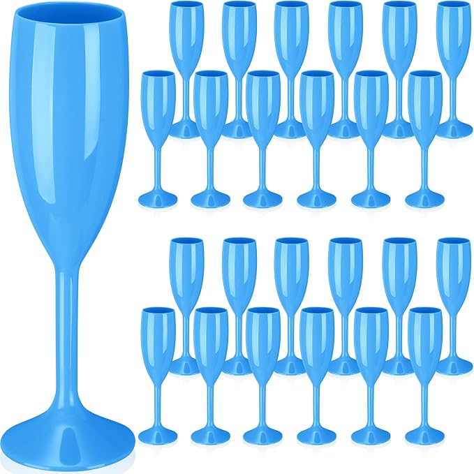 Maxcheck 24 Pcs Champagne Flutes Bulk Acrylic Toasting Drinking Flute Unbreakable Goblet Champagne Cups 6 oz Plastic Wine Glasses for Mother's Day Wedding Bridal Shower Anniversary Party (Blue)