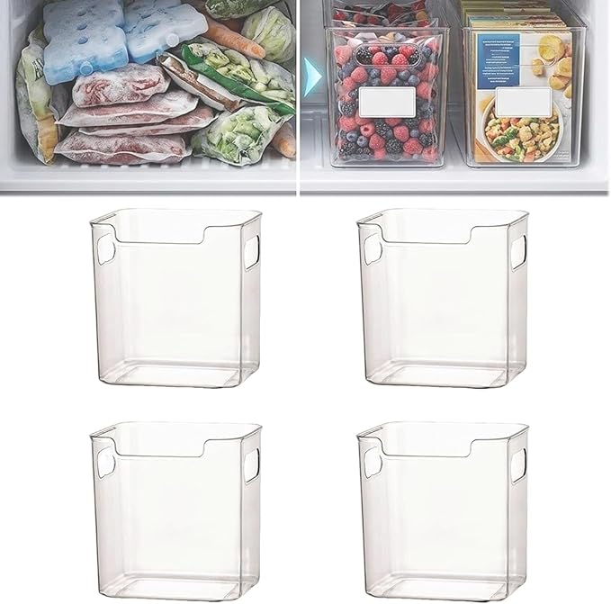 Crystal Clear Freezer Storage Bins, Stackable Fridge Organizer Bins with Handles, Clear Plastic Food Containers for Refrigerator and Pantry, Kitchen Organization for Meat & Veggies (Clear*4, Small)