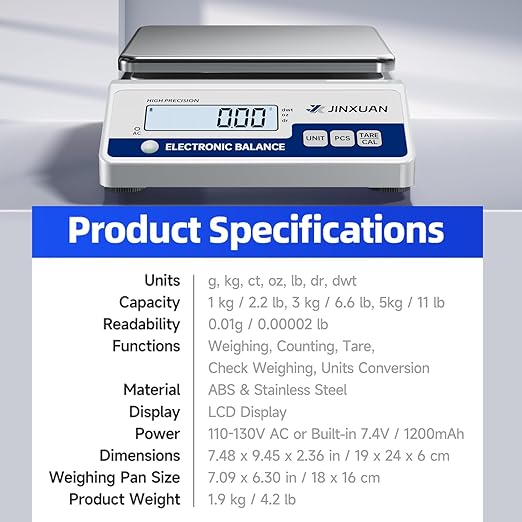 Lab Scale Gram Scale 6000gx0.01g Accuracy Laboratory Balance Scale Digital Scale Electronic Analytical Balance for Jewelry Gold Kitchen Lab, with 7 Units Conversion, 500g Weight, LCD Display