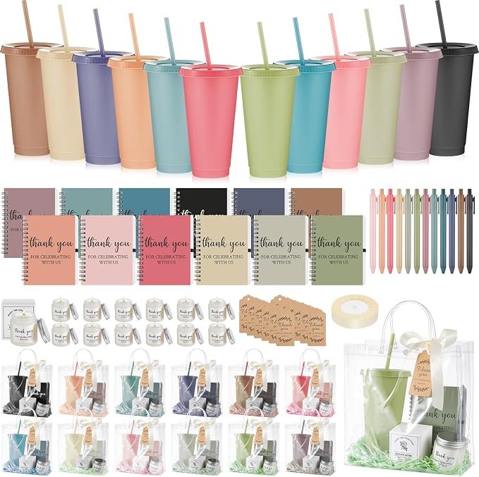 Nuogo 12 Sets New Parent Shower Prizes for Player Winners Adult, Wedding Bridal Shower Gift, Plastic Tumbler Notebook Scented Candle Ballpoint Pen Bag (Morandi Color,Classic Style)