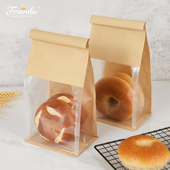 100 Pack Bakery Bags with Window, 5.1x3.9x11 Inches Tin Tie Tab Lock Resealable Cookie Bags for Packaging Bagels, Bread Loaf, Pastry, Baked Goods | Thick Material, Grease Resistant, Self Standing