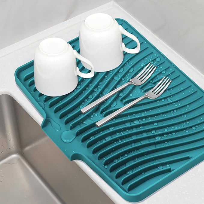 TIKNIK Silicone Dish Drying Mat, Stone Drying Mat for Kitchen Counter with Built-In Drain, Non-Slip Drain Pad with Built-in Drain, Heat Resistant Stone Drying Mat, 1Pcs 20" x 15", Green