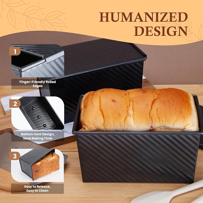 CARTMAN Bread Loaf Pan 2 Pack, 1 LB Pullman Loaf Pan with lid and a Silicone Spatula and Basting Pastry Brush, 1 LB Dough Capacity,Non-Stick Carbon Steel bread pans for homemade bread