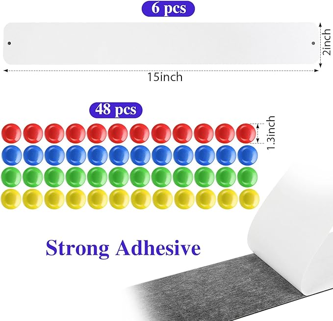 6 Pcs 15" x 2" Magnetic Display Board Souvenir Bulletin Board Strip Set with 48 Pcs Colorful Magnet for Office Home Wall Display Notes, Photos(White)