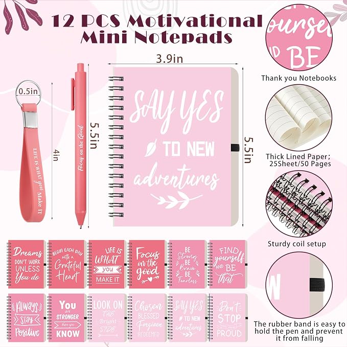 Skylety 12 Sets/48 Pcs Employee Appreciation Gifts 16oz Inspirational Plastic Cups Spiral Notebooks Ballpoint Pens Keychains Bulk Thank You Cup for Employee Coworker (Gradient Pink)