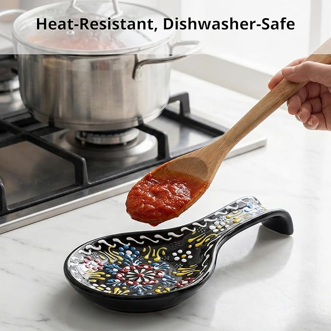 BCS Ceramic Spoon Rest, Large 9” Hand Painted Spoon Holder for Stove Top & Kitchen Counter, Dishwasher Safe & Heat Resistant Utensil Holder, Floral Kitchen Decor, Handmade Pottery