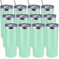 Volhoply 12 Pack Skinny Tumblers with Lid and Straw, 20oz Stainless Steel Straight Tumbler Bulk, Vacuum Insulated Coffee Mug for Home, Office, Travel, DIY (Mint,12 Pack)