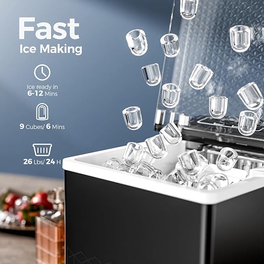 Electactic Countertop Ice Maker, 26Lbs/Day, Compact Small Ice Maker with Auto-Cleaning,Perfect for RV/Home/Kitchen, Deep Black