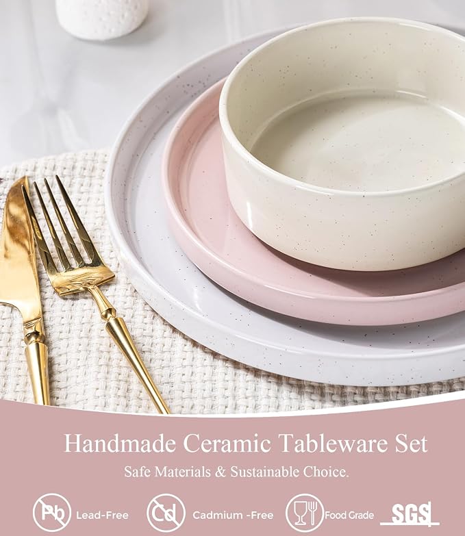 AmorArc Ceramic Dinnerware Set for 4 | Handpainted Stoneware Plates and Bowls with Rustic unglazed terracotta | Scratch Resistant, Dishwasher & Microwave Safe Dishes Sets- 12-Pcs Colorful