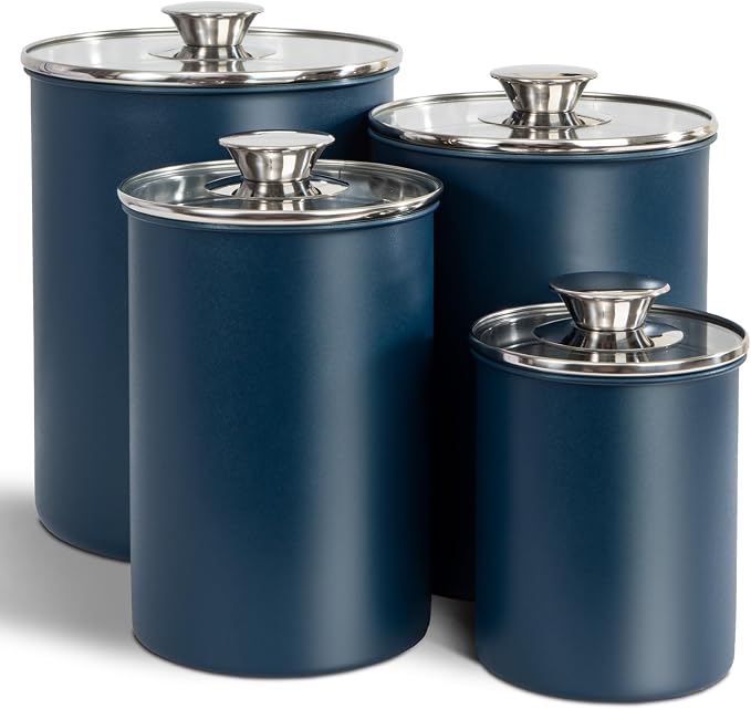 malmo Stainless Steel Food Canister Set of 4-Piece, 16/49/85/132 Ounces,Airtight Containers with Glass Lid for Tea,Coffee,Sugar,Flour,Pantry Kitchen Storage Storeroom Counter (Blue)