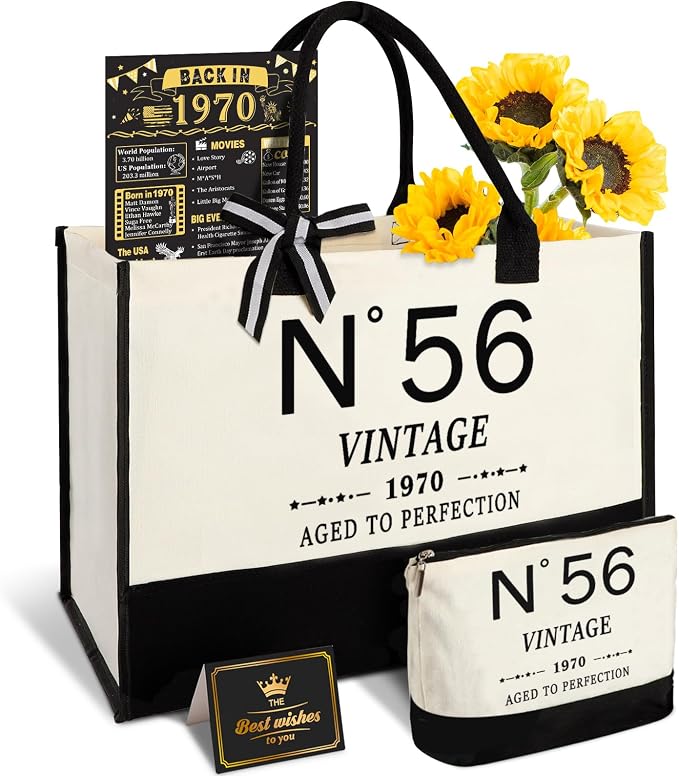 YeohJoy 56th Birthday Gifts for Women Canvas Tote Bag Travel Gear, Unique 56 Years Old Gifts for Wife Mom Sister Aunt Friends Her, Vintage N°56 Handbag & Cosmetic Bag & Back in 1970 Poster