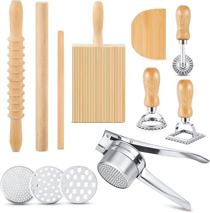Tioncy 9 Pcs Pasta Making Tools Set Include Wooden Gnocchi Board Potato Ricer Wooden Gnocchi Cutter Ravioli Rolling Pin Pasta Roller Dough Scraper 3 Ravioli Stamp for Kitchen Handmade Gift
