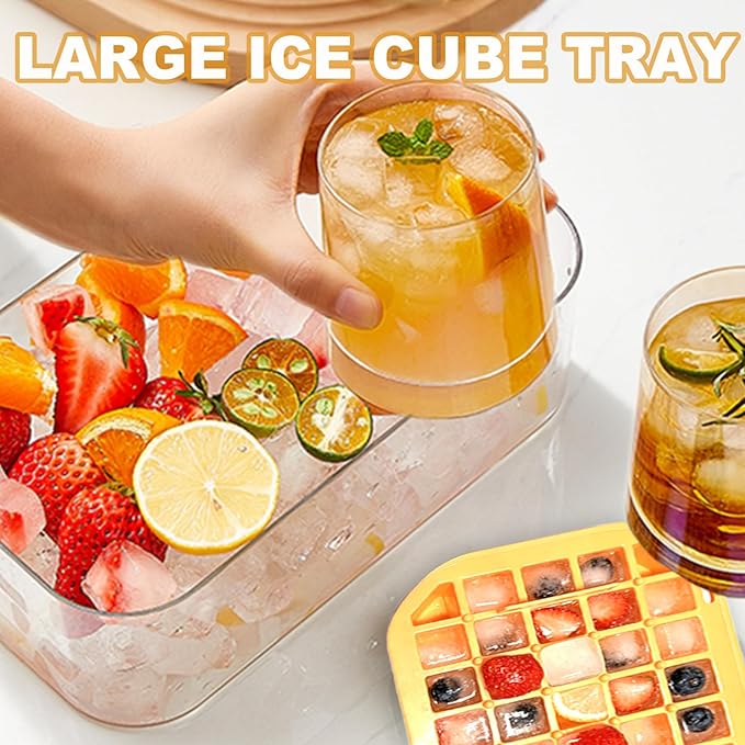 100 ice cube maker with easy press lid, Ice Trays for Freezer with Lid and Bin for Chilling Cocktail Whiskey Coffee Include 2 Trays and Storage Container, BPA Free