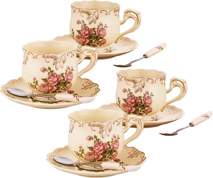 Tea Cups and Saucers Set of 4, 8 Oz Ivory Rose Floral Porcelain Teacup and Saucer Set with Gold Trim, Vintage Tea Cups with Spoon, European Style (Pink Rose)
