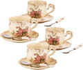 Tea Cups and Saucers Set of 4, 8 Oz Ivory Rose Floral Porcelain Teacup and Saucer Set with Gold Trim, Vintage Tea Cups with Spoon, European Style (Pink Rose)