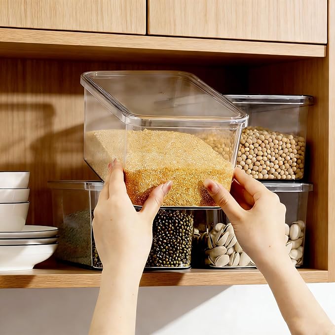 Clear Storage Bins with Lids 4 Packs, Stackable Transparent Storage Containers, Food Grade Fridge Kitchen Cabinet Organizer, Storage Boxes for Fruits , Bathroom and Pantry Organization (4 Small)