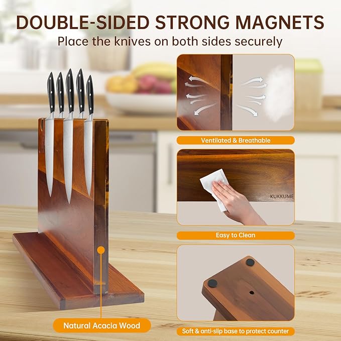 Magnetic Knife Block 14.9 x 10 inch Double Sided Magnetic Knife Holder Rack Acacia Wood Magnetic Knife Stand Knives Storage Rack with Knife Sharpener