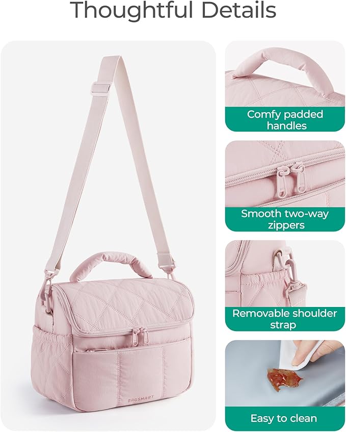 BAGSMART Insulated Lunch Bags for Women, Cute Quilted Lunch Box, Lightweight Puffy Padded Waterproof Lunch Tote, Reusable Lunch Cooler for Work Picnic Travel, Blackberry