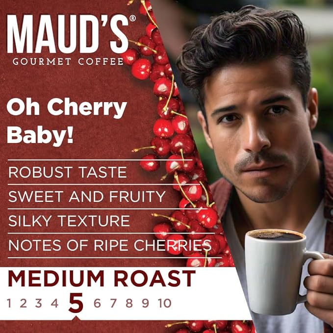 Maud's Cherry Flavored Coffee Pods, 18 ct, Medium Roast Flavored Coffee in Single Serve Pods – 100% Arabica Beans, Compatible with Keurig K Cups Maker