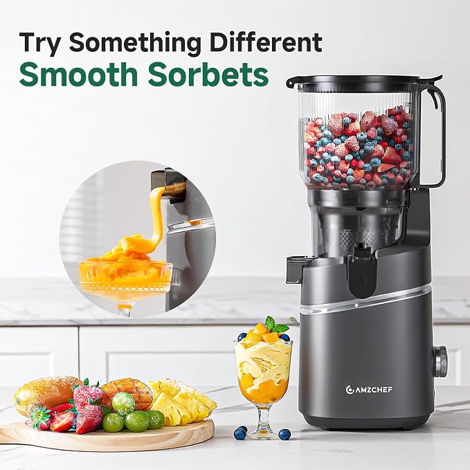 AMZCHEF Cold Press Juicer – 6.5" Wide Mouth Hopper for Whole Recipe Loading, Self Feeding for Hands-Free Operation, Zero Waste Masticating Juicer For More Juice, Less Pulp – Triple Strainers