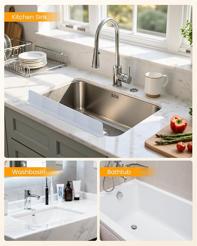 Kitchen Sink Splash Guard 23" 18" 30" Silicone Water Guard with Strong Suction Cups, Faucet & Countertop Protector, Bathroom & Sink Edge Splash Guard Strip, Dishwasher Safe-Grey 23"