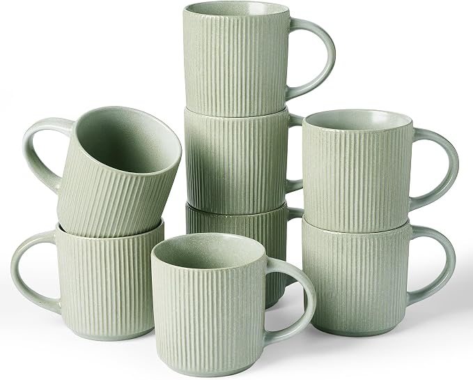 famiware Coffee Mug Set for 8, Star 12 oz Catering Mugs Cup Set with Handle for Coffee, Tea, Cocoa, Milk - Ceramic Stoneware Drinkware Set, Matte Green