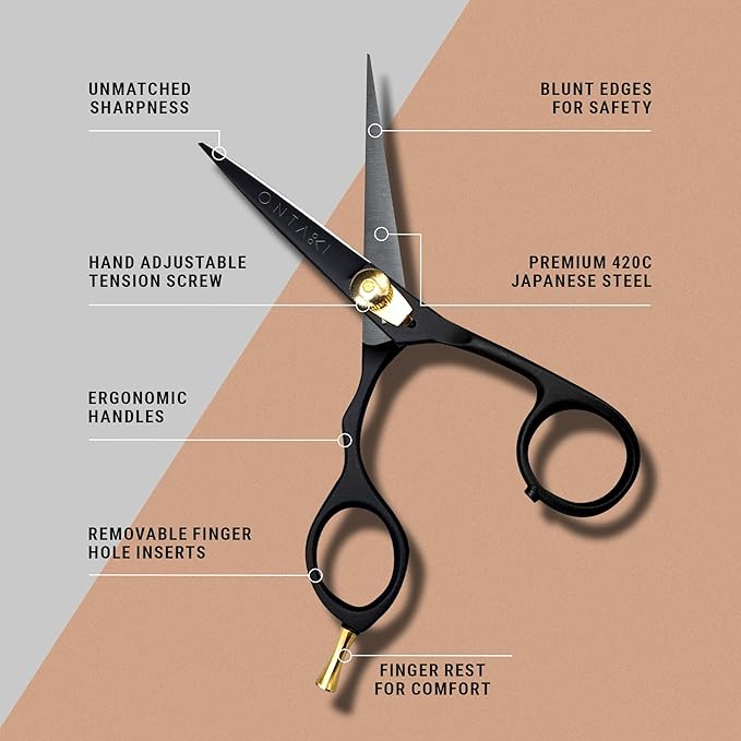 Ontaki Beard and Mustache Scissors for Men - 5.5 in, Black, Left Hand - 420C Japanese Steel Precise Sharp Blades - Complete Grooming Kit with Mustache Comb & Scissors Set