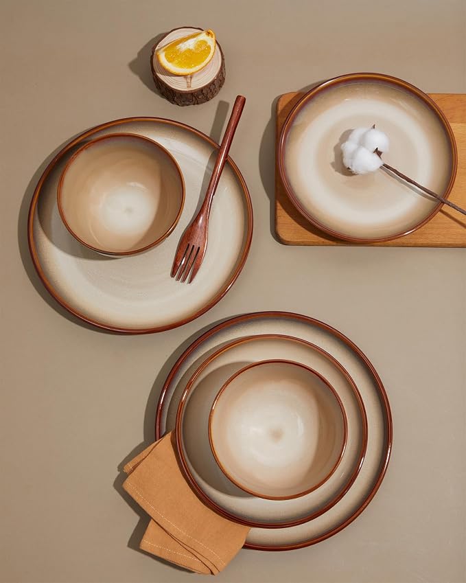 Pokini Ceramic Dinnerware Sets for 6, 18 Pieces Stoneware Plates and Bowls Sets, Chip and Crack Resistant Dishes, Dishwasher & Microwave Safe Dishware Sets, Brown Yellow