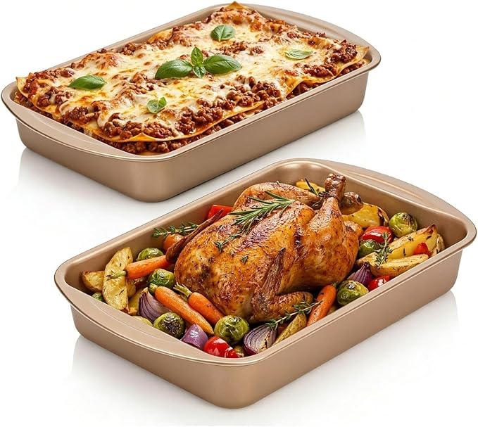 9x13 Nonstick Baking Pan 2 Pack – Heavy-Gauge Carbon Steel Cake Pan，Warp-Resistant & PFOA Free, Even Heating for Lasagna, Sheet Cake, Brownies & Meal Prep, Wide Handles Golden