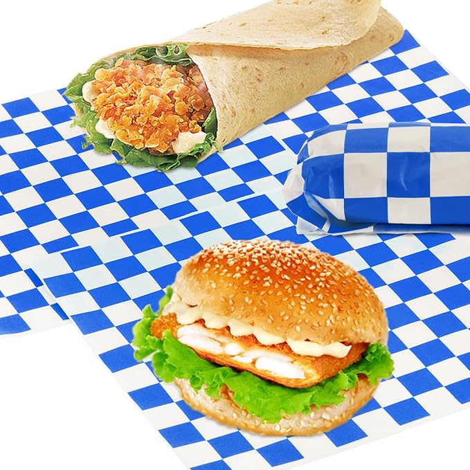 Fasmov 1000 Sheets 12 x 12 inches Sandwich Paper Deli Basket Liner Wrap Food Basket Liners Wrapping Checkered Sheets, Blue & White