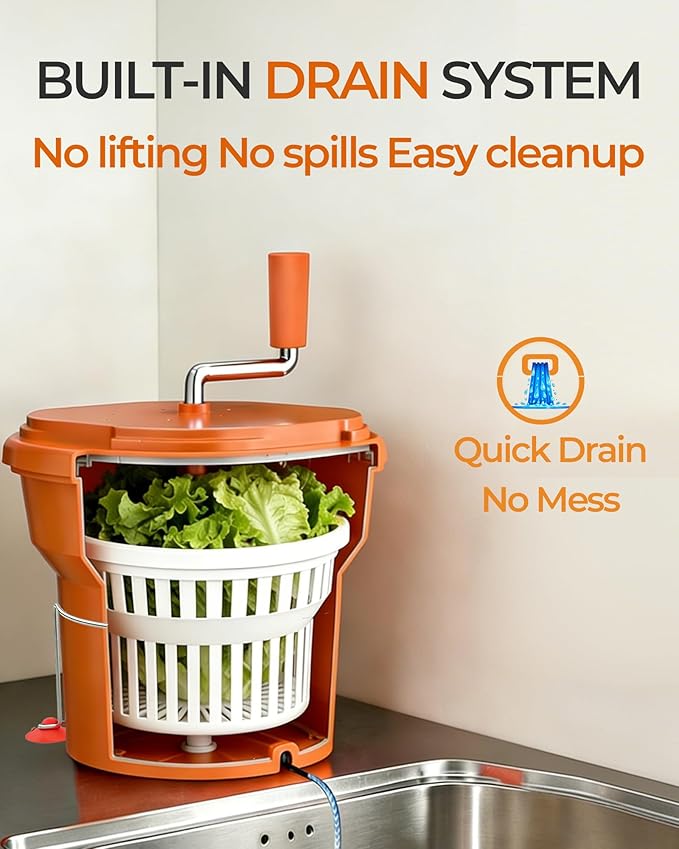 Commercial Salad Spinner - 6 Gallon Salad with Stand Dryer w/Silicone Anti-slip Mat & Draining Hose, 24Qt Manual Salad Spinner for up to 7 Heads of Lettuce Spinner Large for Catering